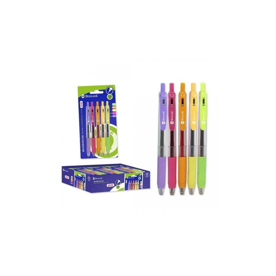 Bismark pack de 5 boligrafos retractiles tinta gel - punta 1.0mm - escritura suave - colores neon surtidos