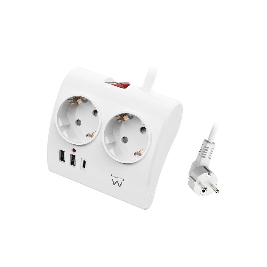 Regleta ewent 2 tomas shucko 2 puertos usb tipo a 1 puerto usb tipo c interruptor blanco