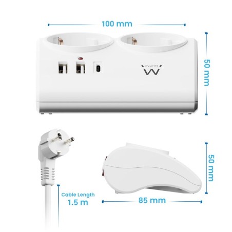 Regleta ewent 2 tomas shucko 2 puertos usb tipo a 1 puerto usb tipo c interruptor blanco