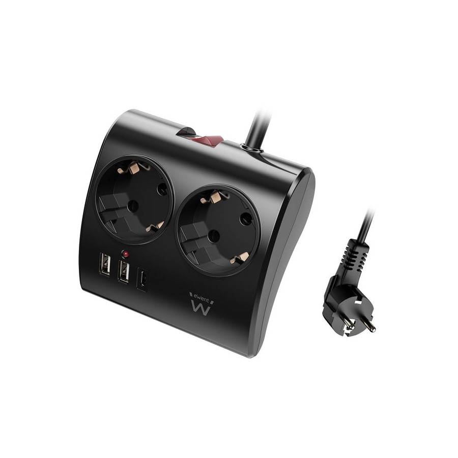 Regleta ewent 2 tomas shucko 2 puertos usb tipo a 1 puerto usb tipo c interruptor negro