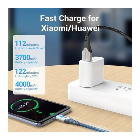 Cable usb 2.0 tipo-c vention coklf usb tipo-c macho usb macho hasta 60w 480mbps 1m azul