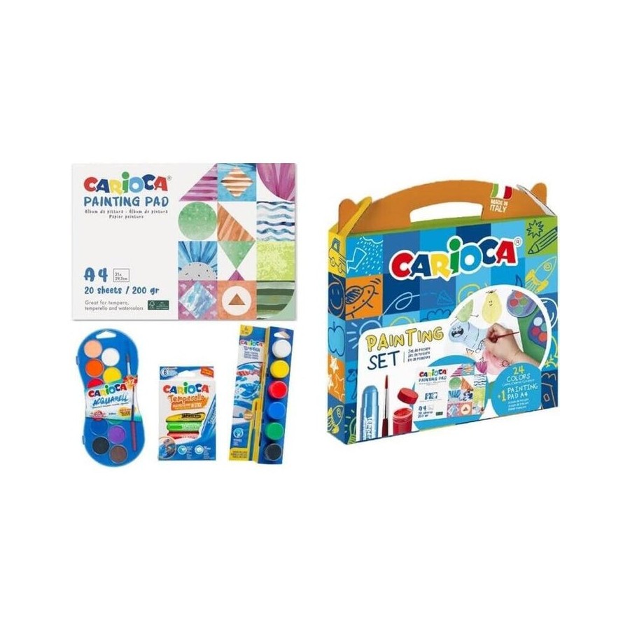 Carioca painting set pack con 12 acuarelas, 6 temperas y 6 temperas solidas + bloc con 20 hojas a4 - colores surtidos