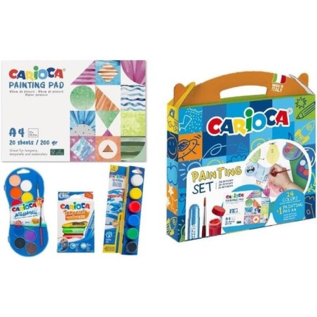 Carioca painting set pack con 12 acuarelas, 6 temperas y 6 temperas solidas + bloc con 20 hojas a4 - colores surtidos