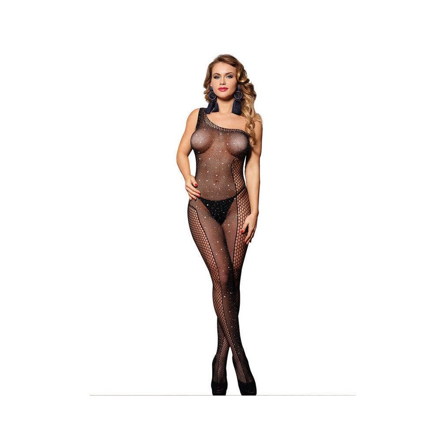 Subblime - 952037 bodystocking de rejilla de un hombro con diamantes negro talla única