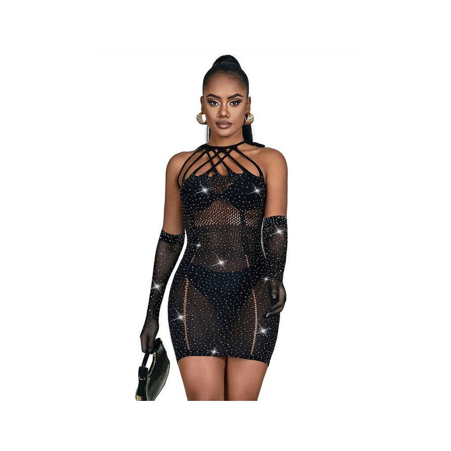 Subblime - 952235 bodystocking de rejilla con brillantes y guantes negro talla única