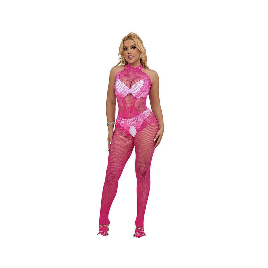 Subblime - 952389 bodystocking crotchless de rejilla y encaje con cuello alto rosa talla única
