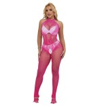 Subblime - 952389 bodystocking crotchless de rejilla y encaje con cuello alto rosa talla única