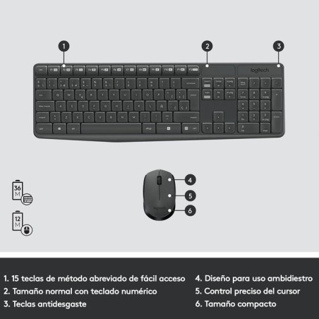 Teclado español + ratón logitech mk235 inalámbrico usb qwerty gris 920-007919