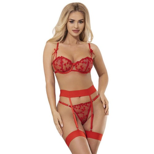 Subblime - 954338 sujetador + tanga + ligueros estampado de corazones rojo l/xl
