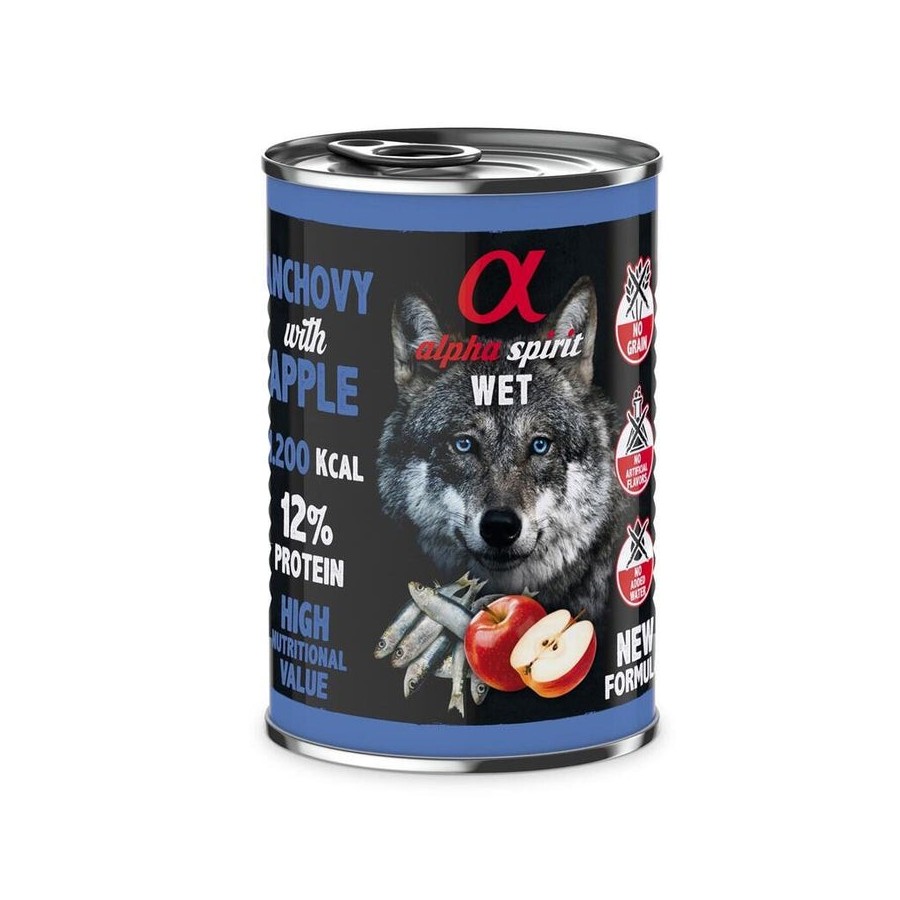 Comida húmeda para perros alpha spirit wet anchoas con manzana  400g