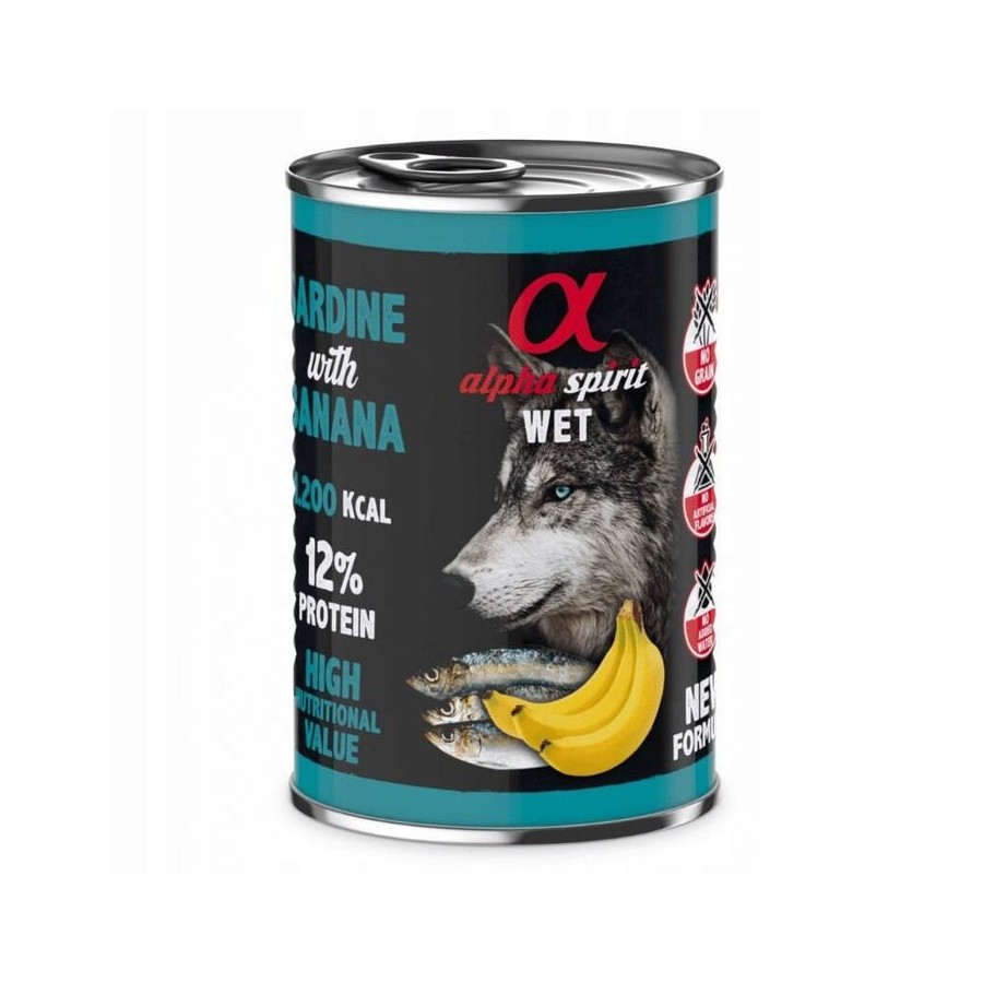 Comida húmeda para perros alpha spirit wet sardina con plátano 400g