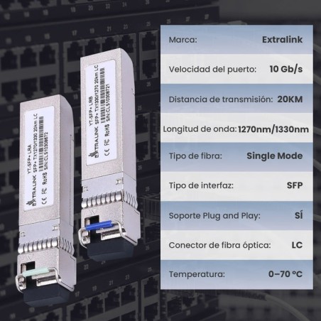 Extralink yt-sfp+ lra/lrb sfp+ 1xlc (single-mode) 1270/1330nm bidi 20km - pair