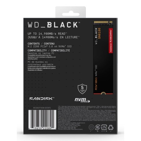 Disco ssd western digital black sn8100 4 tb m.2 pci express 5.0 nvme tlc 3d nand wds400t1x0m