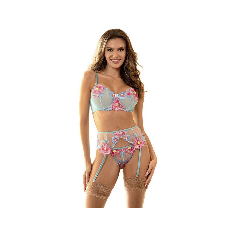 Subblime - 957650 conjunto sujetador y liguero con bordados de flores rosas l/xl