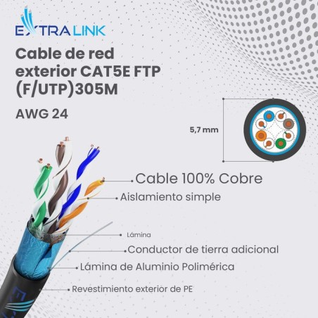 Extralink bobina cable de red cat5e ftp v2 outdoor twisted pair skretka 305m