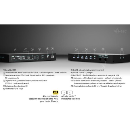 I-tec usb-c kvm docking station for 3 hosts 2xhdmi 1xglan 1xusb-c gen2 3x usb-a gen2 2x usb-a 1.1 1xaudio 1xmic pd 1x 92w 2x 65w