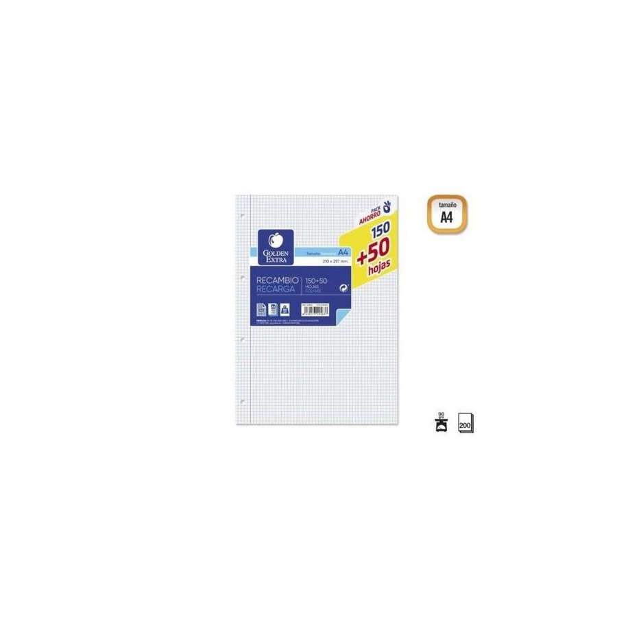 Golden extra recambio de 200 hojas 90gr cuadricula 4x4 - formato a4 - 4 taladros
