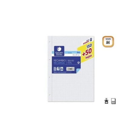 Golden extra recambio de 200 hojas 90gr cuadricula 4x4 - formato a4 - 4 taladros