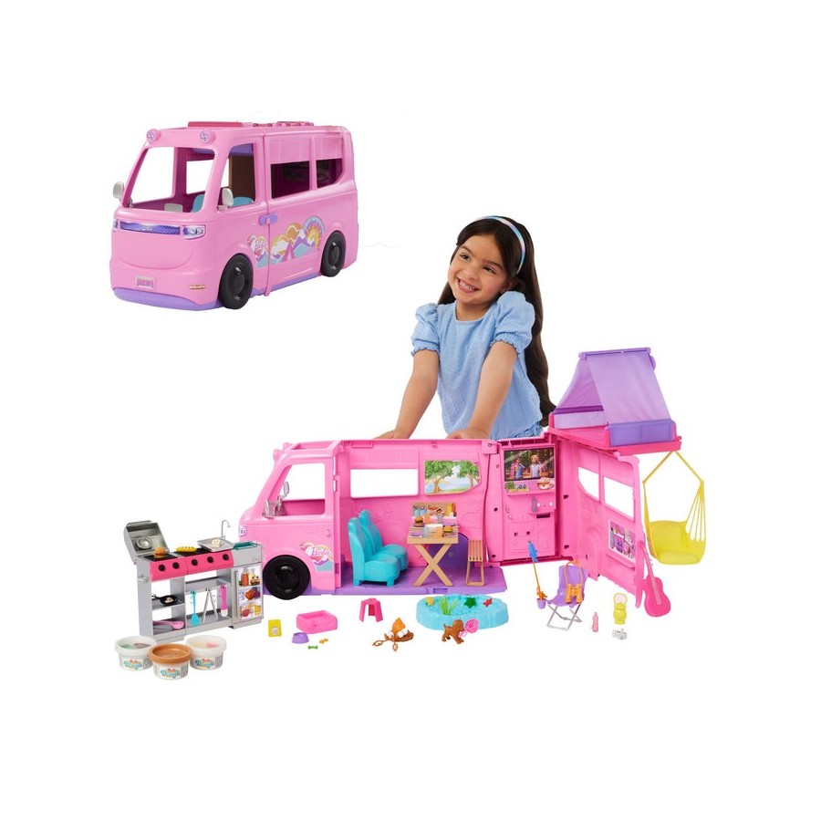 Mattel barbie super abenteuer-camper spielset (mit dachzelt, grill mit farbwechseleffekt und 60 zubehörteilen) hrj78