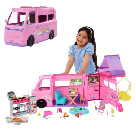 Mattel barbie super abenteuer-camper spielset (mit dachzelt, grill mit farbwechseleffekt und 60 zubehörteilen) hrj78