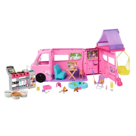 Mattel barbie super abenteuer-camper spielset (mit dachzelt, grill mit farbwechseleffekt und 60 zubehörteilen) hrj78