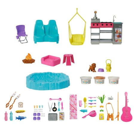 Mattel barbie super abenteuer-camper spielset (mit dachzelt, grill mit farbwechseleffekt und 60 zubehörteilen) hrj78