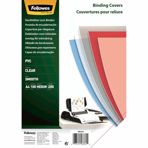 Pack de 100 portadas de pvc transparente fellowes 5376102 tamaño a4 200 micras color transparente