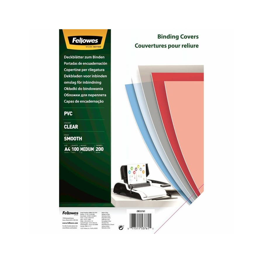 Pack de 100 portadas de pvc transparente fellowes 5376102 tamaño a4 200 micras color transparente