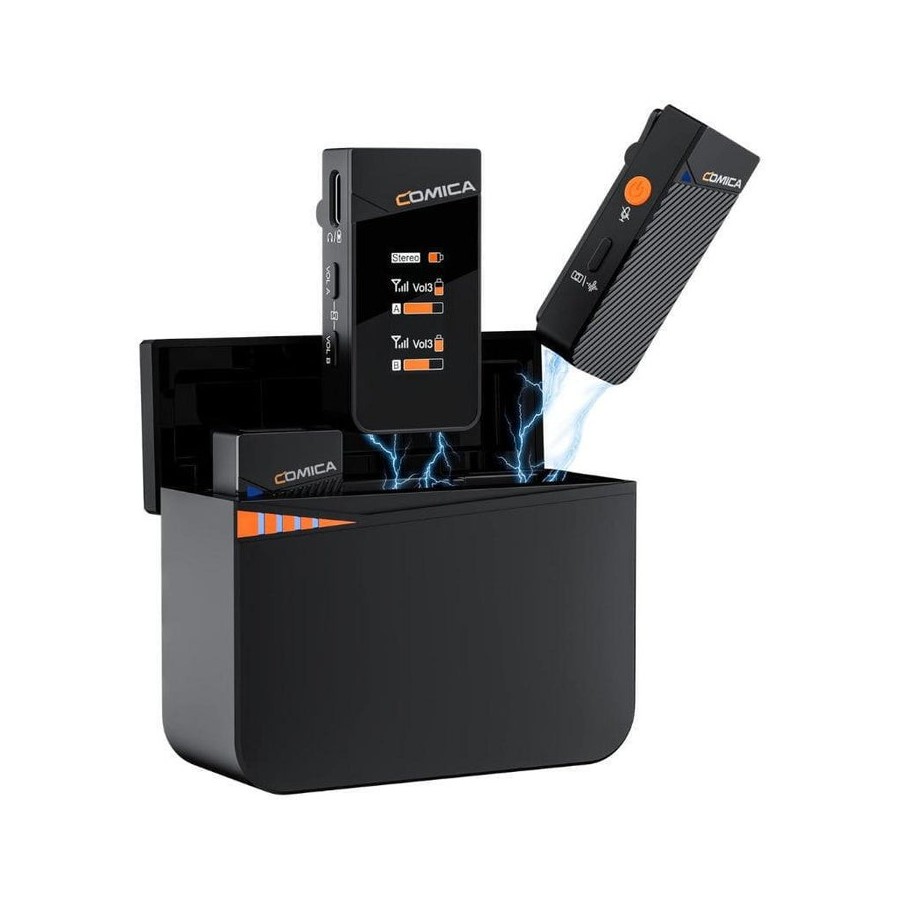 Comica vimo c3 micrófono lavalier inalámbrico de 2 canales con control y cancelación de sonido