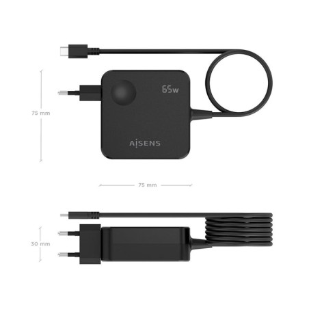 Cargador de pared gan aisens asch-1pd65wl80-bk 1xusb tipo-c 65w negro