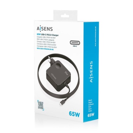 Cargador de pared gan aisens asch-1pd65wl80-bk 1xusb tipo-c 65w negro