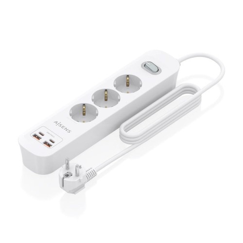 Regleta con interruptor aisens asps-2a2c10-w 3 tomas de corriente 2 usb 2 usb tipo-c cable 1.4m blanco