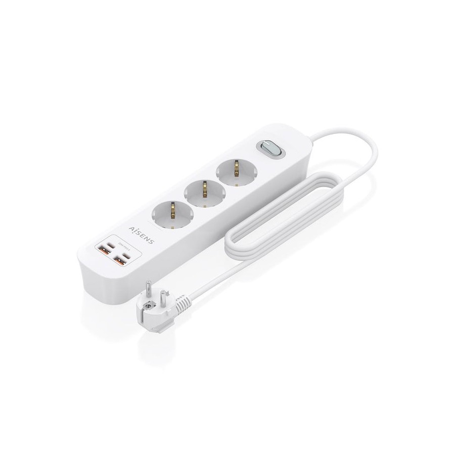 Regleta con interruptor aisens asps-2a2c10-w 3 tomas de corriente 2 usb 2 usb tipo-c cable 1.4m blanco