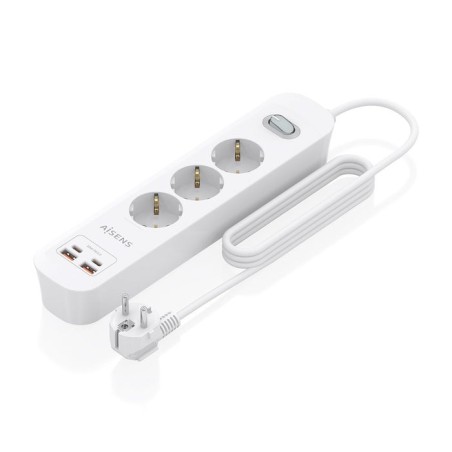 Regleta con interruptor aisens asps-2a2c10-w 3 tomas de corriente 2 usb 2 usb tipo-c cable 1.4m blanco