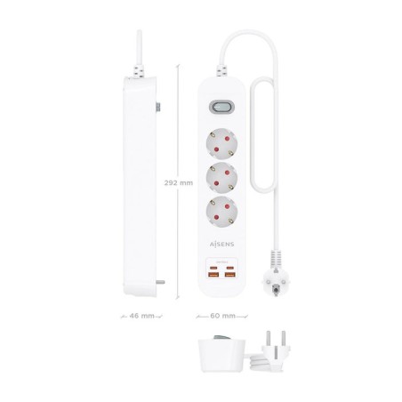 Regleta con interruptor aisens asps-2a2c10-w 3 tomas de corriente 2 usb 2 usb tipo-c cable 1.4m blanco