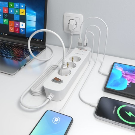 Regleta con interruptor aisens asps-2a2c10-w 3 tomas de corriente 2 usb 2 usb tipo-c cable 1.4m blanco