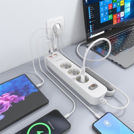 Regleta con interruptor aisens asps-2a2c10-w 3 tomas de corriente 2 usb 2 usb tipo-c cable 1.4m blanco