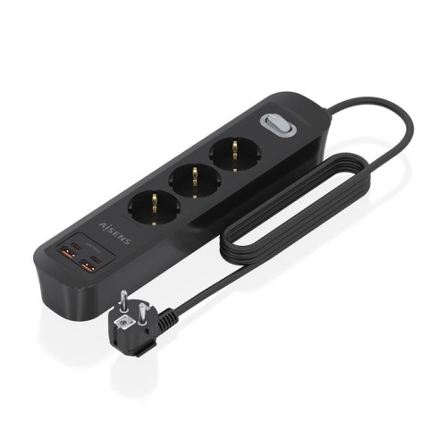Regleta con interruptor aisens asps-2a2c11-bk 3 tomas de corriente 2 usb 2 usb tipo-c cable 1.4m negro