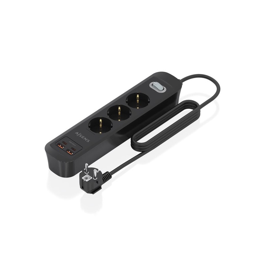 Regleta con interruptor aisens asps-2a2c11-bk 3 tomas de corriente 2 usb 2 usb tipo-c cable 1.4m negro
