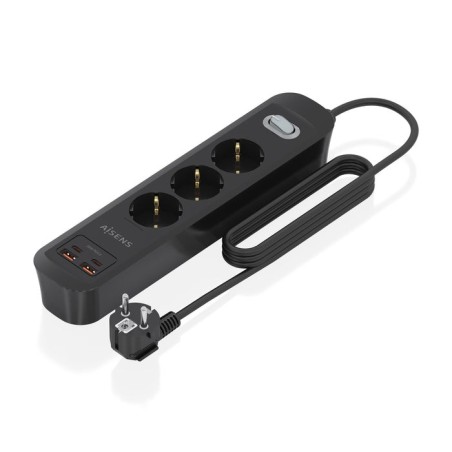 Regleta con interruptor aisens asps-2a2c11-bk 3 tomas de corriente 2 usb 2 usb tipo-c cable 1.4m negro