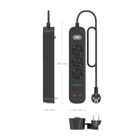 Regleta con interruptor aisens asps-2a2c11-bk 3 tomas de corriente 2 usb 2 usb tipo-c cable 1.4m negro