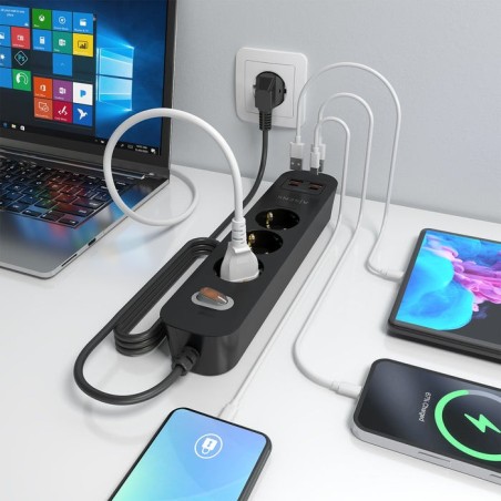 Regleta con interruptor aisens asps-2a2c11-bk 3 tomas de corriente 2 usb 2 usb tipo-c cable 1.4m negro