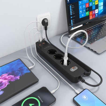 Regleta con interruptor aisens asps-2a2c11-bk 3 tomas de corriente 2 usb 2 usb tipo-c cable 1.4m negro