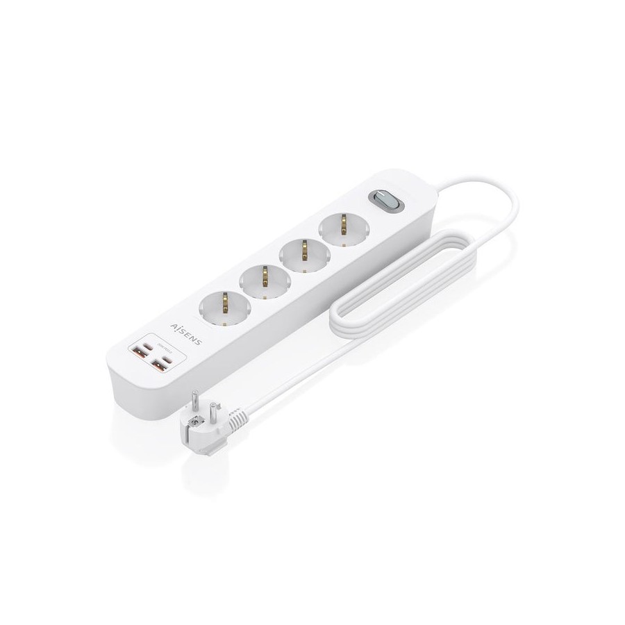 Regleta con interruptor aisens asps-2a2c12-w 4 tomas de corriente 2 usb 2 usb tipo-c cable 1.4m blanco