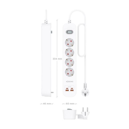 Regleta con interruptor aisens asps-2a2c12-w 4 tomas de corriente 2 usb 2 usb tipo-c cable 1.4m blanco