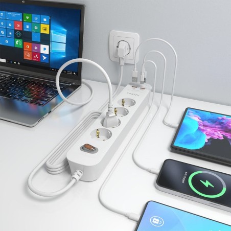 Regleta con interruptor aisens asps-2a2c12-w 4 tomas de corriente 2 usb 2 usb tipo-c cable 1.4m blanco