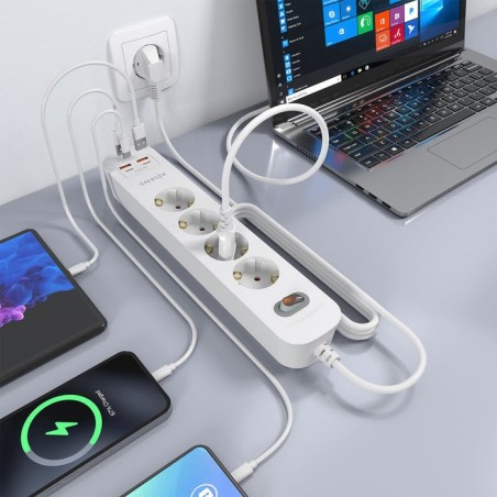 Regleta con interruptor aisens asps-2a2c12-w 4 tomas de corriente 2 usb 2 usb tipo-c cable 1.4m blanco
