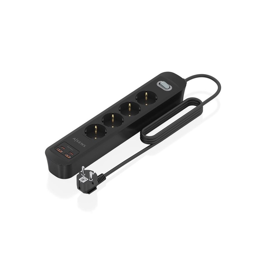 Regleta con interruptor aisens asps-2a2c13-bk 4 tomas de corriente 2 usb 2 usb tipo-c cable 1.4m negro
