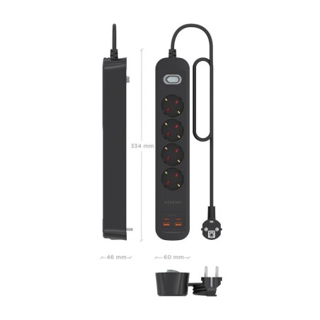 Regleta con interruptor aisens asps-2a2c13-bk 4 tomas de corriente 2 usb 2 usb tipo-c cable 1.4m negro