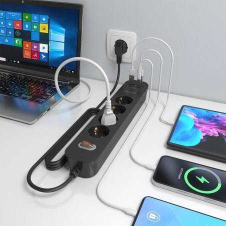 Regleta con interruptor aisens asps-2a2c13-bk 4 tomas de corriente 2 usb 2 usb tipo-c cable 1.4m negro